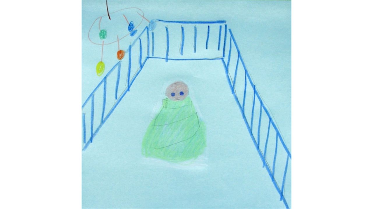 Child's drawing of an infant in a crib