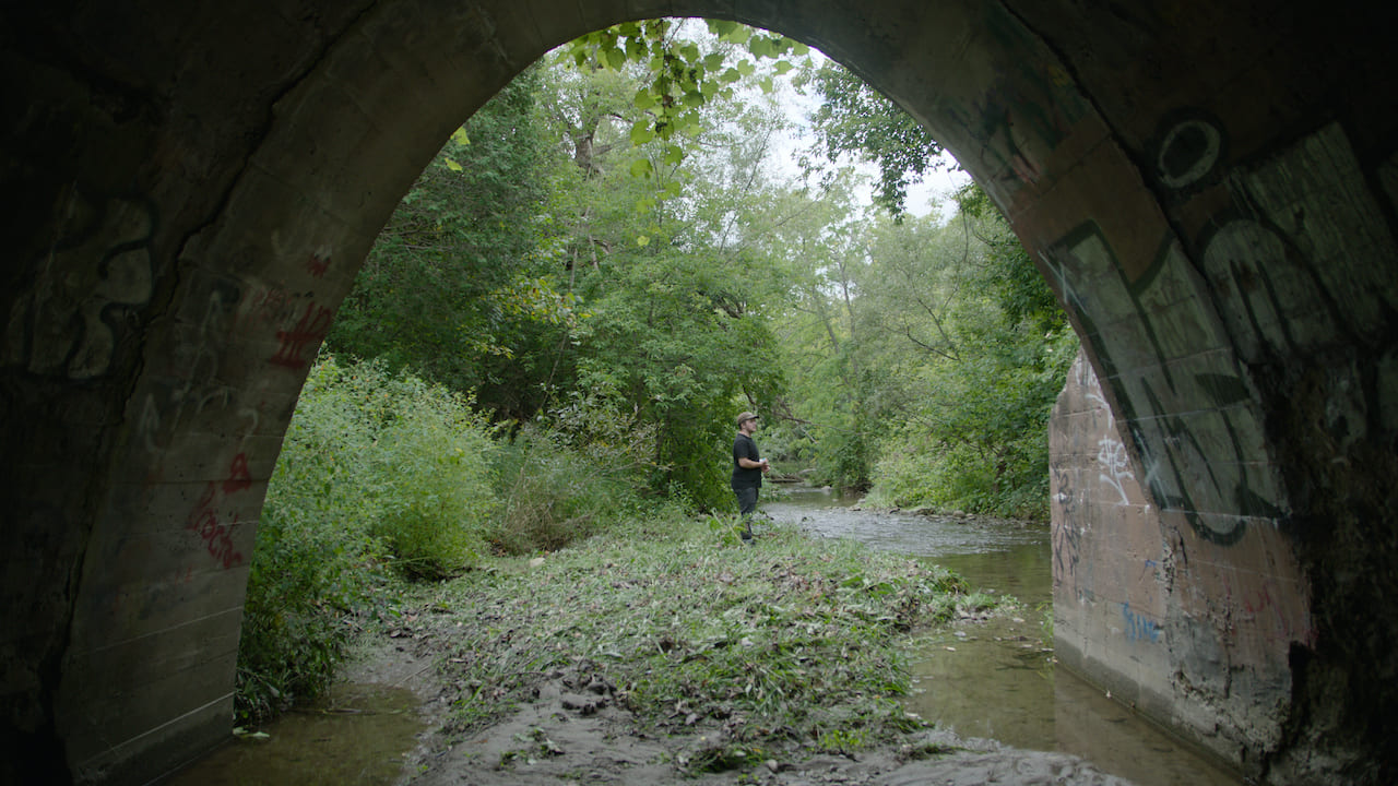 Person standing by a creek